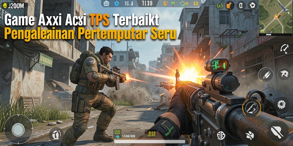 Screenshot utama J200M menampilkan aksi pertempuran seru dengan grafis menakjubkan.