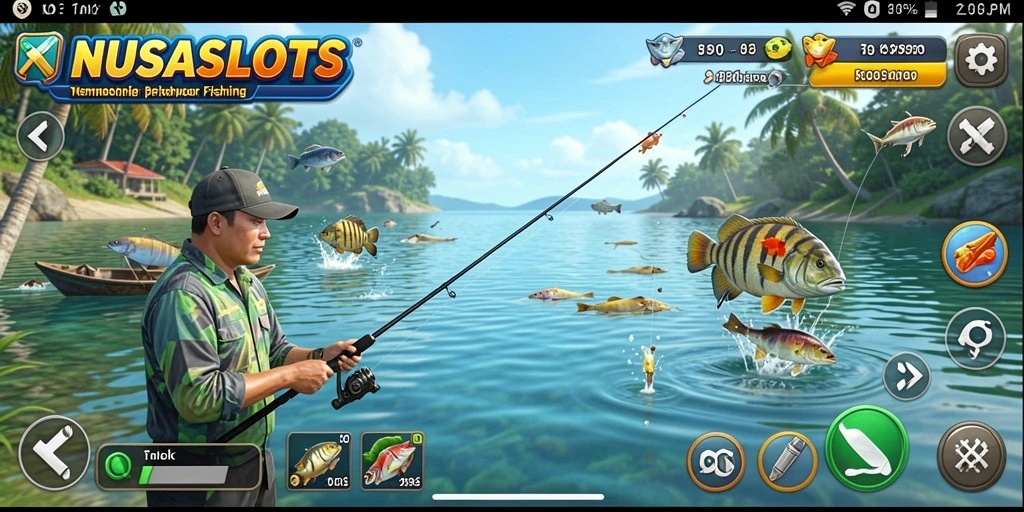 Tampilan gameplay NUSASLOTS menampilkan momen seru saat menangkap ikan.