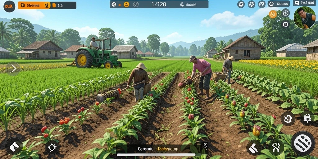 Gameplay OLX128 menampilkan ladang hijau subur dan tanaman yang siap dipanen.