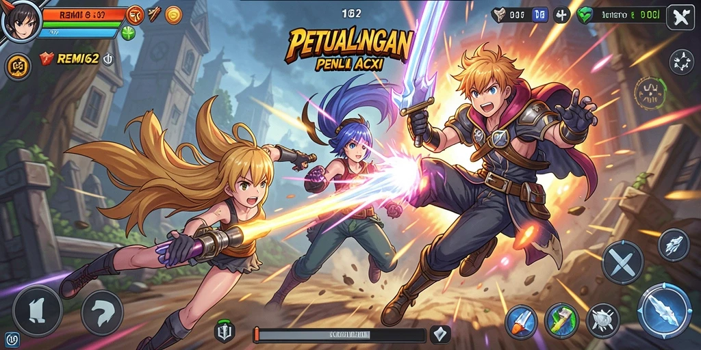 Screenshot gameplay REMI62 dengan aksi karakter anime yang intens.