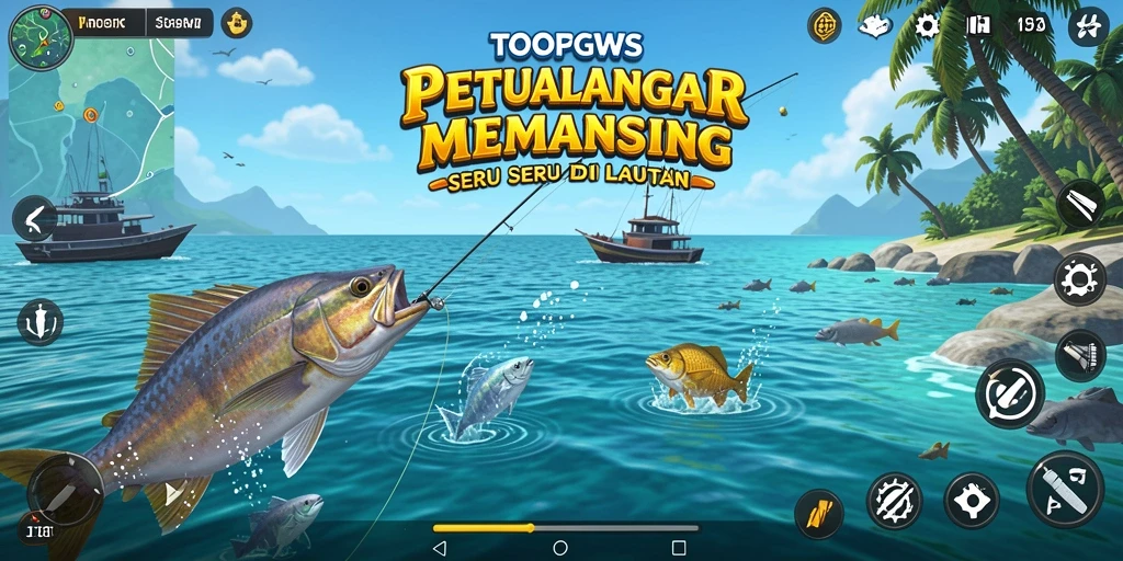 Gameplay TOOPGWS yang menampilkan aksi memancing di laut.
